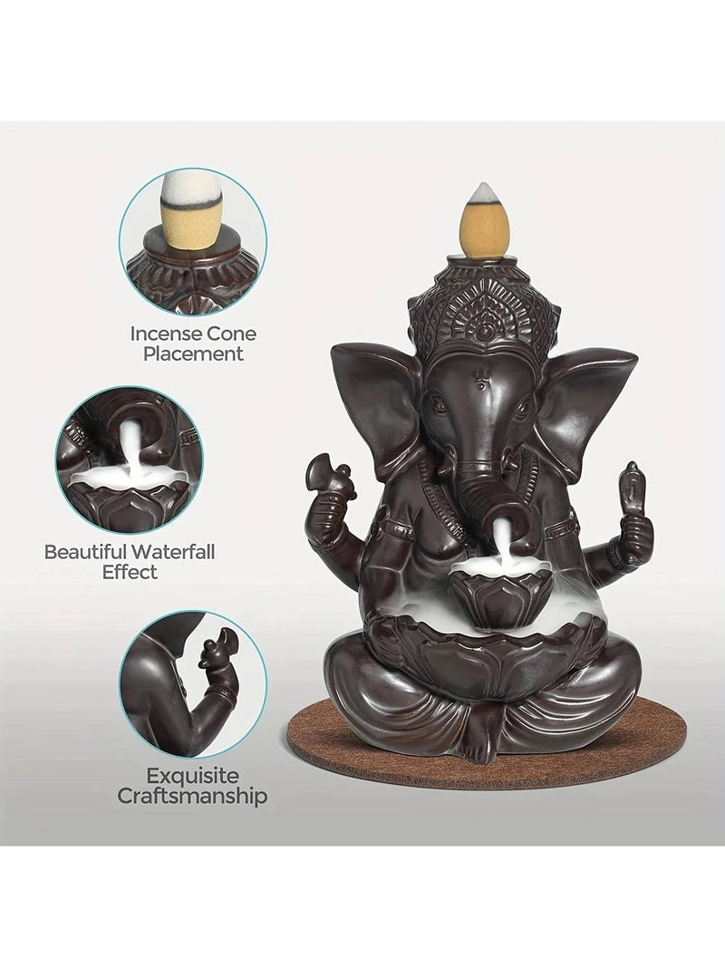 1pc Ganesha Waterfall Incense Burner, Ceramic Backflow Censer Incense Holder, Yoga Aromatherapy Elephant Ornament Home Decor-Health Wisdom™