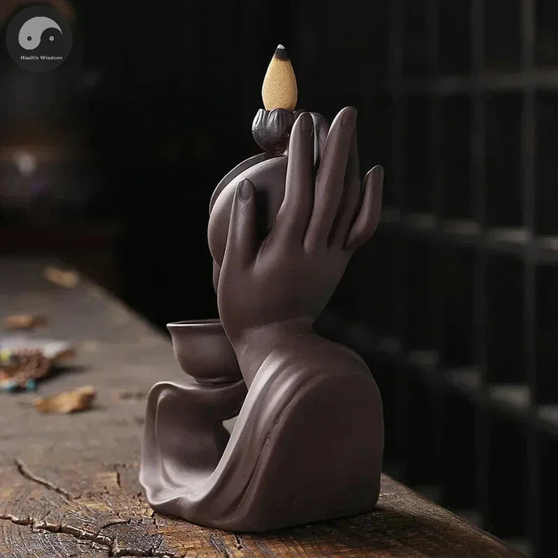 1pc, Handmade Purple Clay Handiwork Home Ornament Buddha Hand Tea Pot Design Zen Backflow Incense Burner (Without Incense）-Health Wisdom™