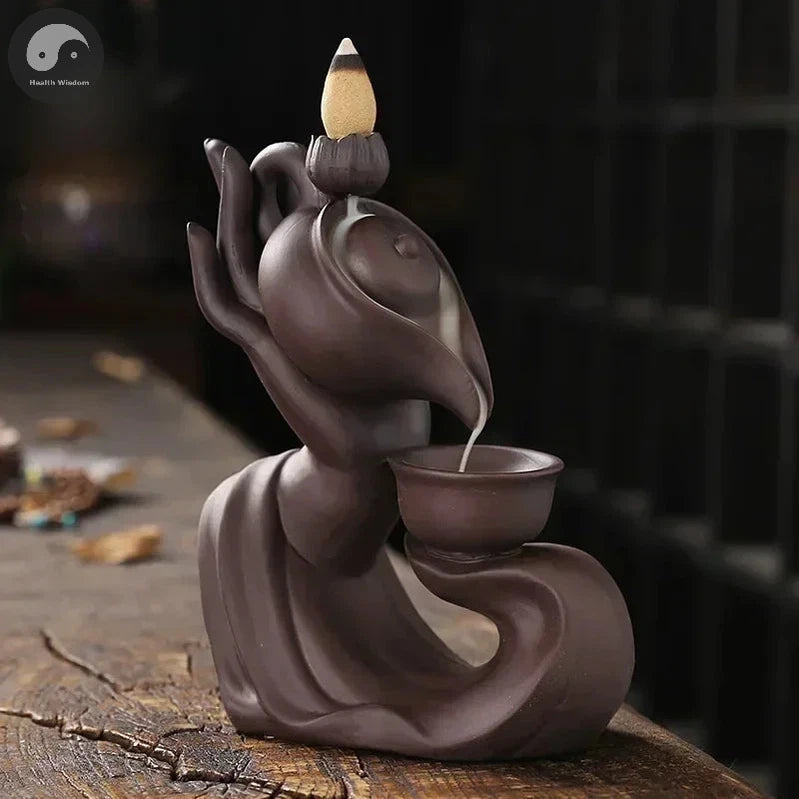 1pc, Handmade Purple Clay Handiwork Home Ornament Buddha Hand Tea Pot Design Zen Backflow Incense Burner (Without Incense）-Health Wisdom™
