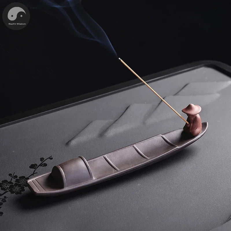 1pc Incense Stick Holder, Zen Meditation Purple Clay Fisherman Fishing Incense Stick Holder Home Decor (Without Incense)-Health Wisdom™