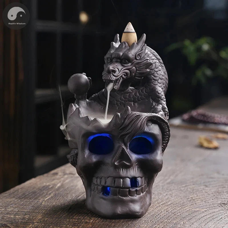1pc LED Waterfall Dragon Incense Burner Skull Backflow Incense Burner Halloween Home Decor Home Aromatherapy (Without Incense)-Health Wisdom™