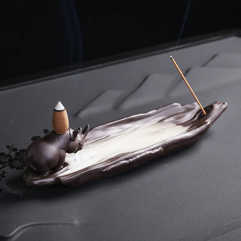 1pc, Purple Clay Backflow Incense Burner With Elephant Rhino Hippo Design Incense Stick Holder for Aromatherapy and Home Decor-Health Wisdom™