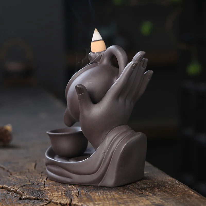 1pc,Buddha Hand Purple Clay Teapot Backflow Incense Burner Ceramic Censer Home Office Tea House Decor (Without Incense)-Health Wisdom™