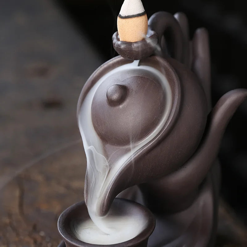 1pc,Buddha Hand Purple Clay Teapot Backflow Incense Burner Ceramic Censer Home Office Tea House Decor (Without Incense)-Health Wisdom™