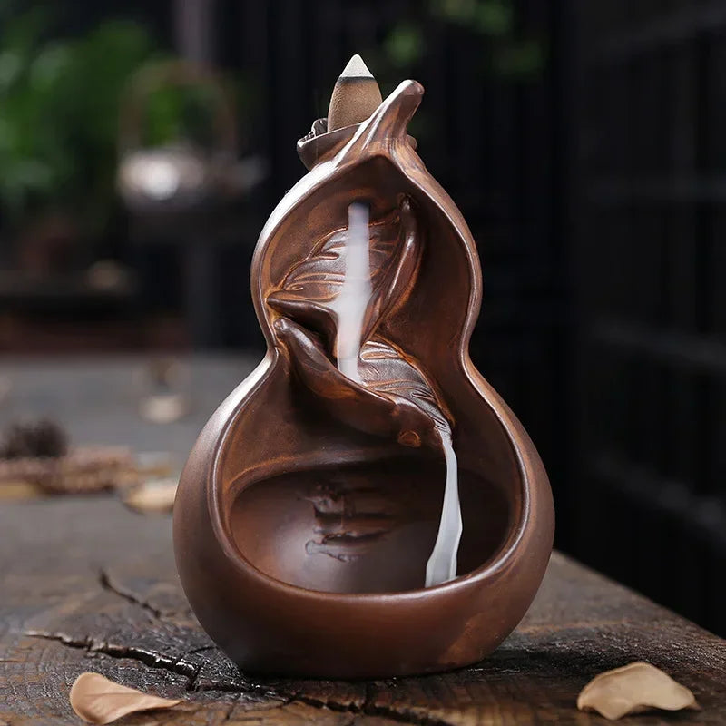 1pc,Chinese Ceramic Handicrafts Cucurbit Home Decor Ornaments Waterfall Backflow Incense Burner Incense Censer -Without Incense-Health Wisdom™