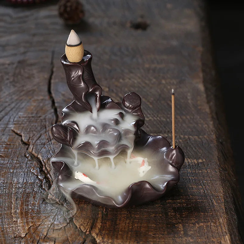 1pc,Waterfall Backflow Incense Burner with Lotus, Koi Fish Incense Stick Holder Indoor Aromatherapy（Without Incense)-Health Wisdom™