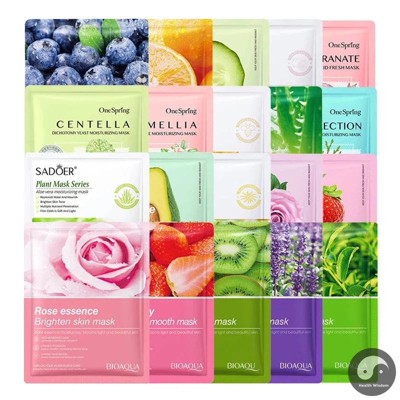 20 Pieces Natural Fruit Plant Facial Mask Sheets Moisturizing Oil-Control Blueberry Cucumber Pomegranate Fruit Aloe Face Mask-Health Wisdom™