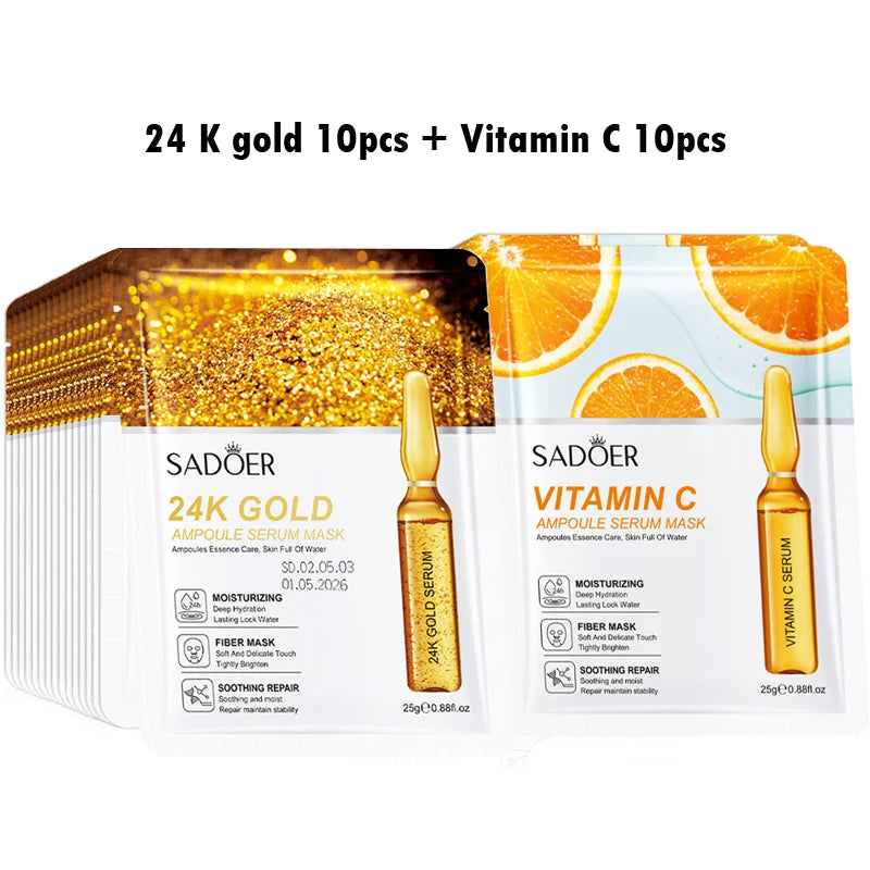20pcs 24K Gold Vitamin C Hyaluronic Acid Face Mask Moisturizing skincare Anti Wrinkle Whitening Facial Masks Skin Care Products-Health Wisdom™