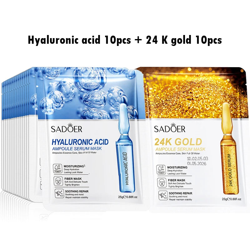 20pcs 24K Gold Vitamin C Hyaluronic Acid Face Mask Moisturizing skincare Anti Wrinkle Whitening Facial Masks Skin Care Products-Health Wisdom™