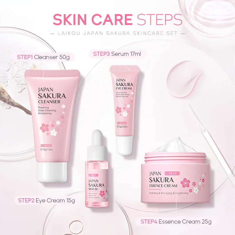 4pcs/set LAIKOU Sakura Skin Care Sets Face Cream Serum Eye Cream Facial Cleanser Moisturizing Anti-aging skincare Face Care Set-Health Wisdom™