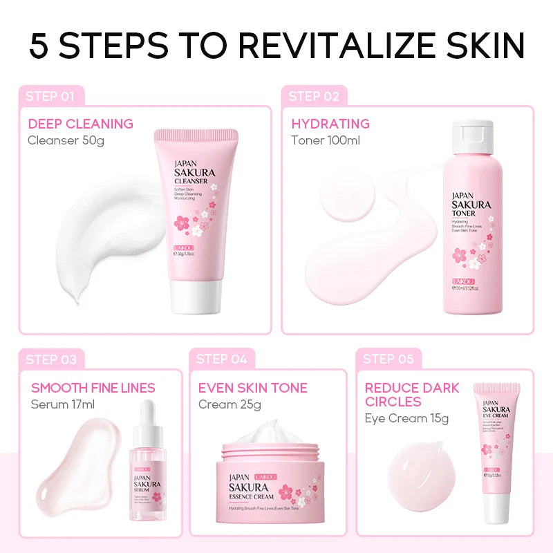 5pcs LAIKOU Sakura Vitamin C Skin Care Sets Facial Cleanser Face Eye Cream Serum Toner Moisturizing Anti-Aging Face Care Kit-Health Wisdom™