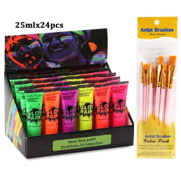 6/24pcs Body Art Paint Neon Fluorescent Party Festival Halloween Cosplay Makeup Party Tools Kids Face Paint UV Glow Painting-Health Wisdom™