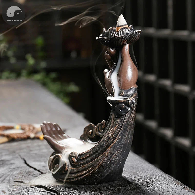Backflow Incense Burner, Handmade Resin Lotus Buddha Hand Waterfall Incense Burner Holder for Home Relaxation Decor (No Incense)-Health Wisdom™