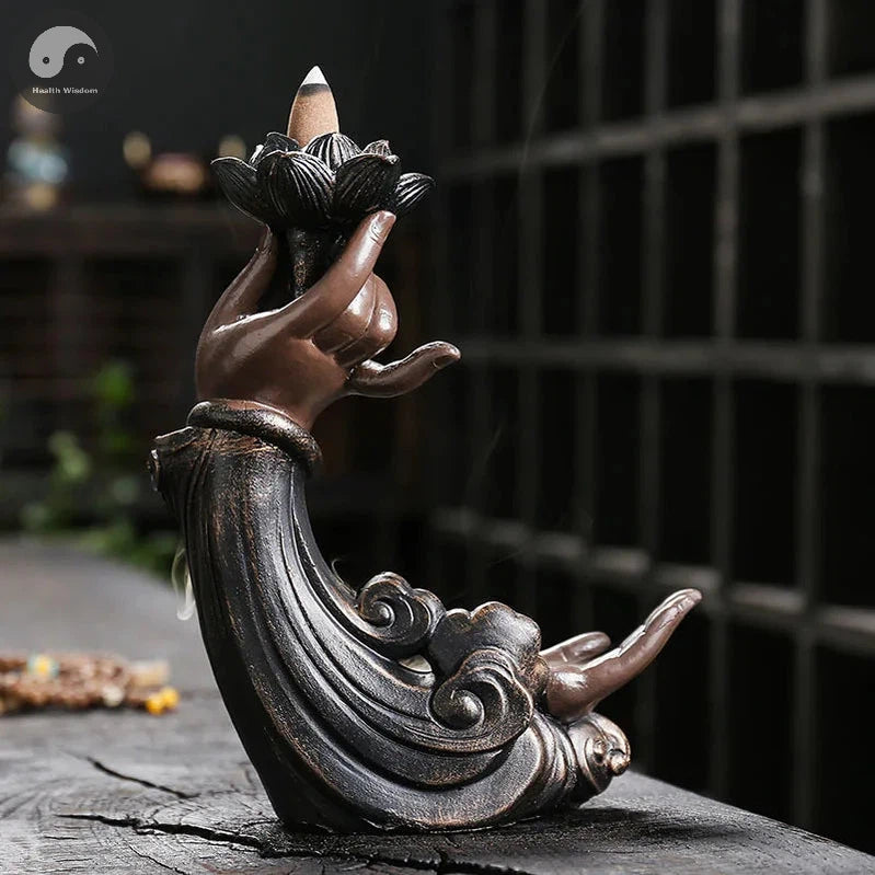Backflow Incense Burner, Handmade Resin Lotus Buddha Hand Waterfall Incense Burner Holder for Home Relaxation Decor (No Incense)-Health Wisdom™