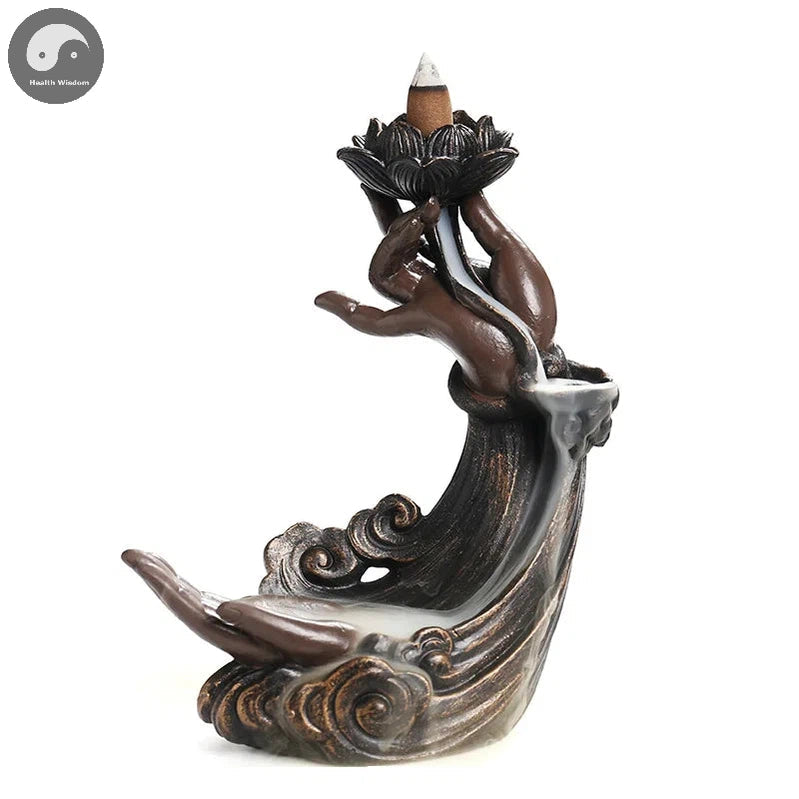 Backflow Incense Burner, Handmade Resin Lotus Buddha Hand Waterfall Incense Burner Holder for Home Relaxation Decor (No Incense)-Health Wisdom™