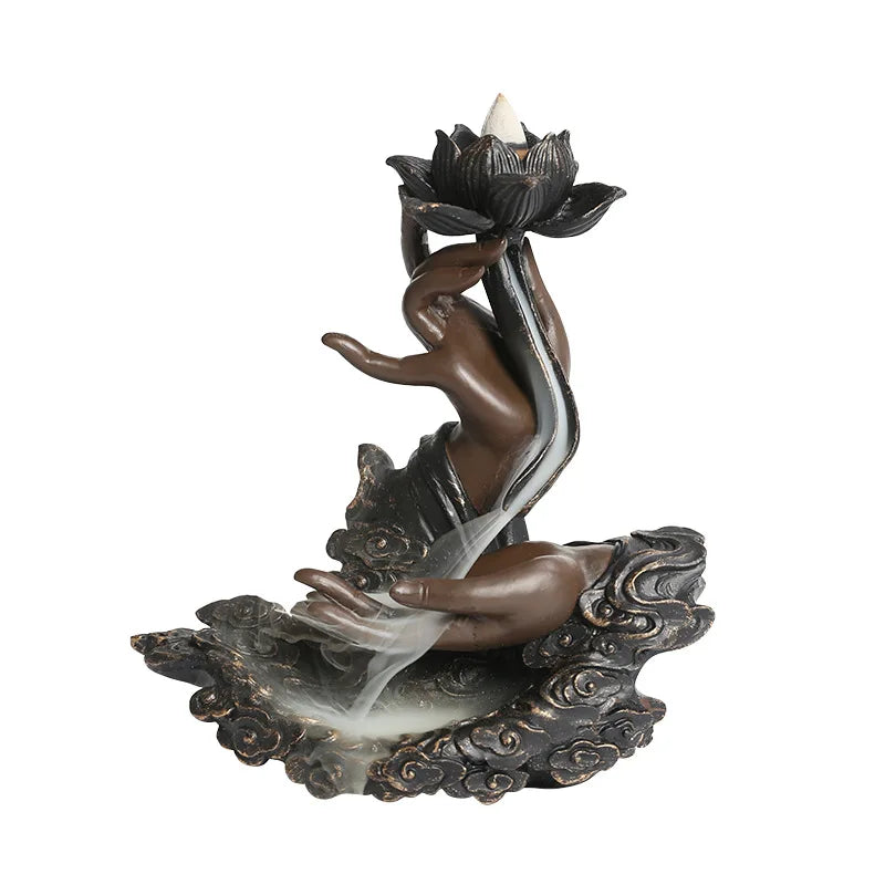 Backflow Incense Burner, Handmade Resin Lotus Buddha Hand Waterfall Incense Burner for Home Relaxation Lucky Feng Shui Decor-Health Wisdom™