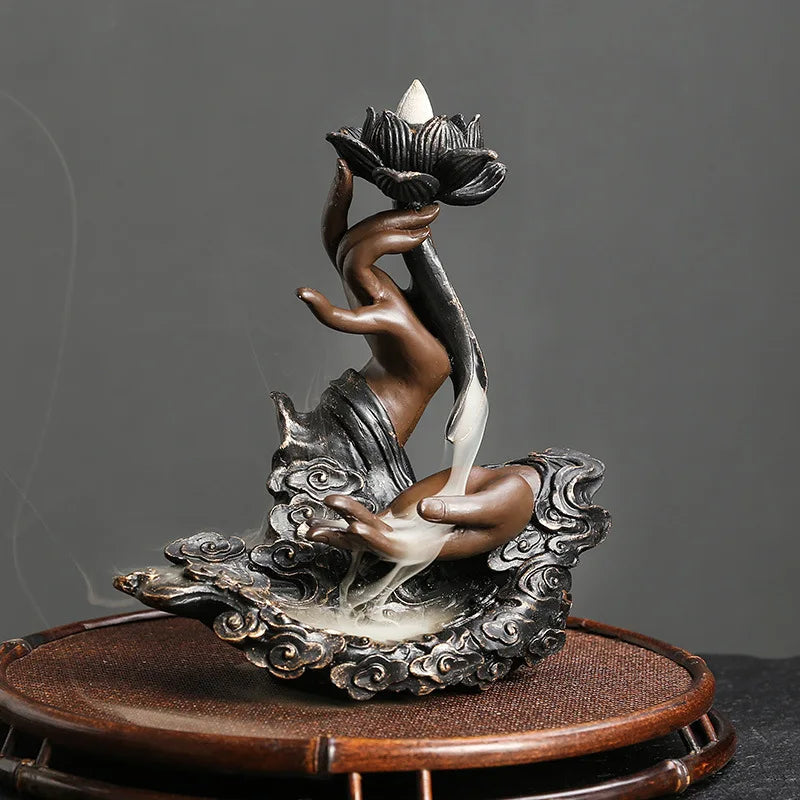 Backflow Incense Burner, Handmade Resin Lotus Buddha Hand Waterfall Incense Burner for Home Relaxation Lucky Feng Shui Decor-Health Wisdom™
