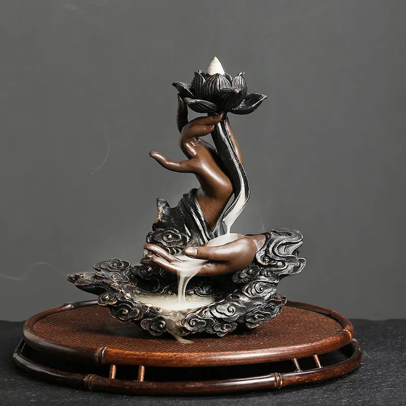 Backflow Incense Burner, Handmade Resin Lotus Buddha Hand Waterfall Incense Burner for Home Relaxation Lucky Feng Shui Decor-Health Wisdom™