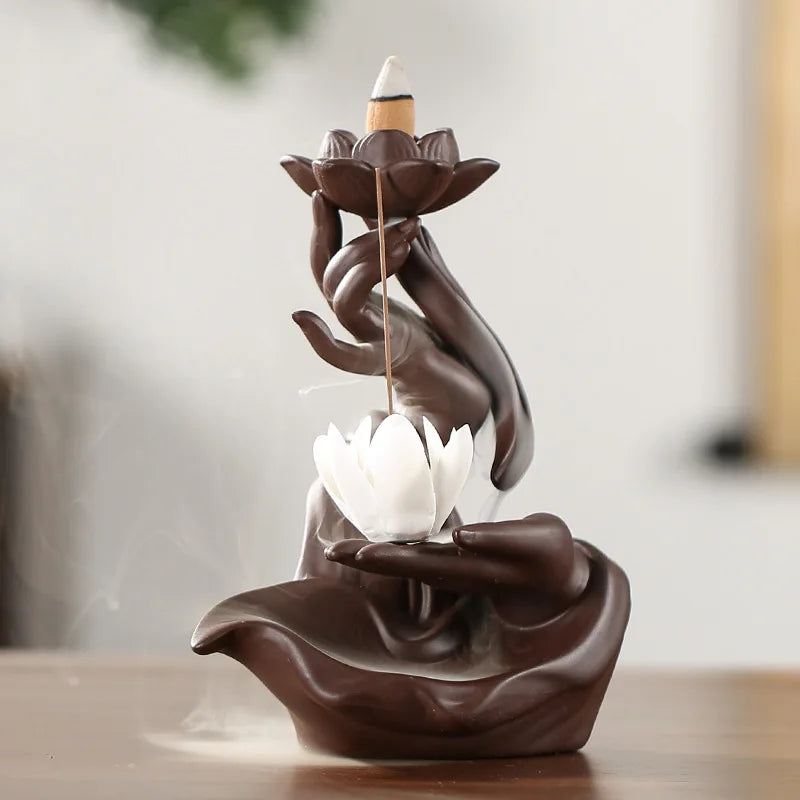 Bergamot Gently Ceramic Handcraft Buddha Hand Backflow Incense Burner Buddha Home Office Decorate Lotus Incense Stick Holder-Health Wisdom™