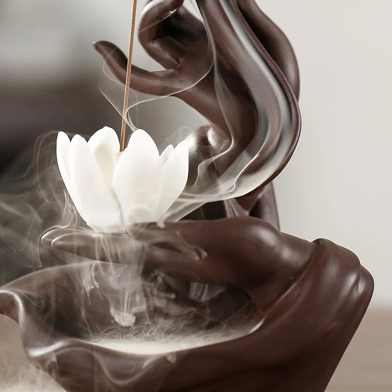 Bergamot Gently Ceramic Handcraft Buddha Hand Backflow Incense Burner Buddha Home Office Decorate Lotus Incense Stick Holder-Health Wisdom™