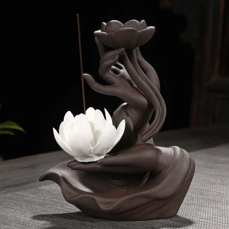 Bergamot Gently Ceramic Handcraft Buddha Hand Backflow Incense Burner Buddha Home Office Decorate Lotus Incense Stick Holder-Health Wisdom™