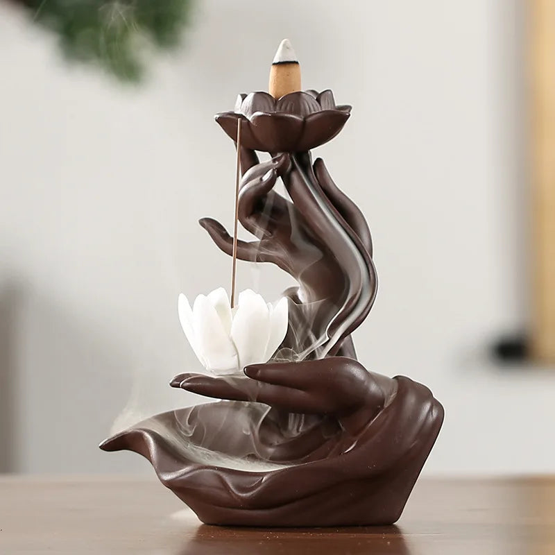 Bergamot Gently Ceramic Handcraft Buddha Hand Backflow Incense Burner Buddha Home Office Decorate Lotus Incense Stick Holder-Health Wisdom™