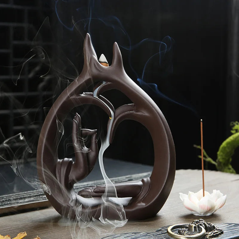Buddha Hand Lotus Backflow Incense Burner Incense Stick Censer Aromatherapy Furnace Zen Decor Home Decoration (Without Incense)-Health Wisdom™