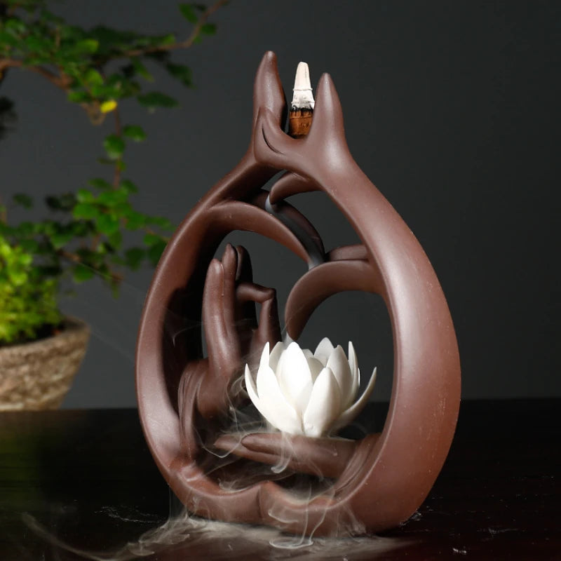 Buddha Hand Lotus Backflow Incense Burner Incense Stick Censer Aromatherapy Furnace Zen Decor Home Decoration (Without Incense)-Health Wisdom™