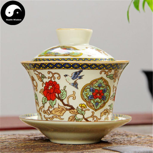 Ceramic Gaiwan Tea Cup 110ml 盖碗, Bird and Peony, Multicolor