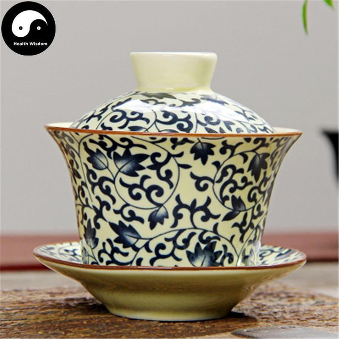 Ceramic Gaiwan Tea Cup 110ml 盖碗, Dense Blue Scroll, Ivory Body