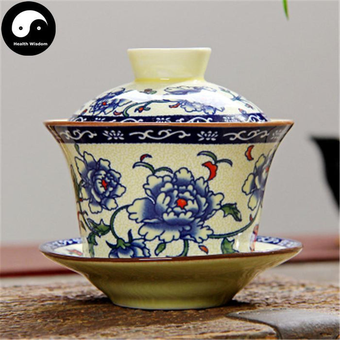 Ceramic Gaiwan Tea Cup 110ml 盖碗, Peony with Red Accents, Ivory Body