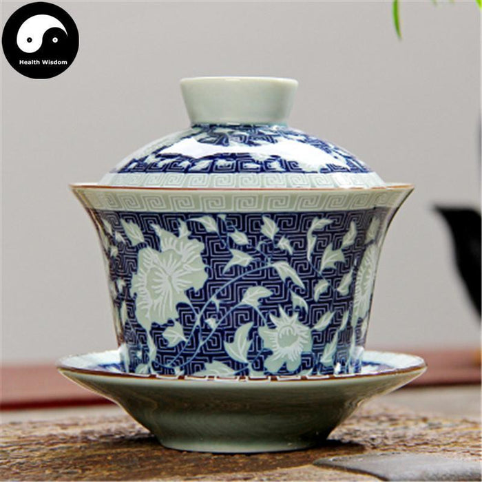 Ceramic Gaiwan Tea Cup 110ml 盖碗, White Florals on Dark Blue