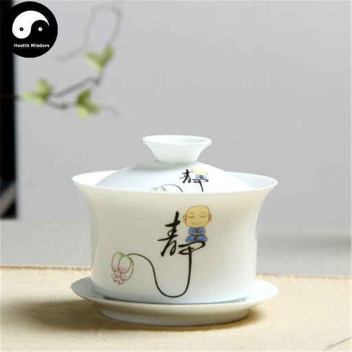 Ceramic Gaiwan Tea Cup 170ml, White Porcelain, 'Jing' 静 Character