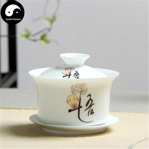 Ceramic Gaiwan Tea Cup 170ml, White Porcelain, 'Wu' 悟 Character