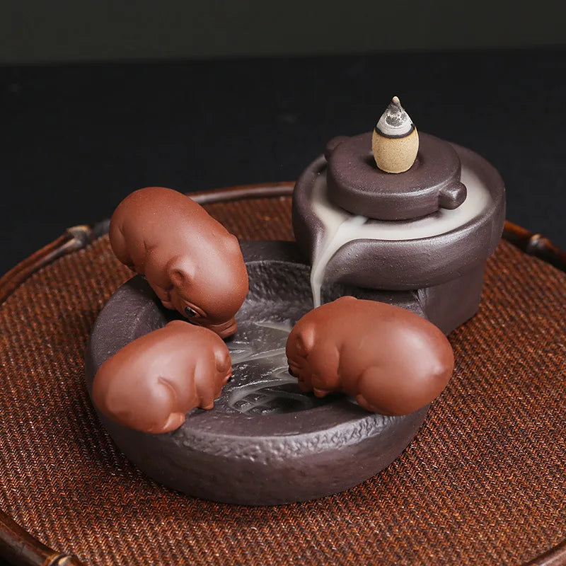 Ceramic Handicraft Lucky Pig Home Ornaments Waterfall Backflow Incense Burner Incense Holder Purple Clay Censer Without Incense-Health Wisdom™