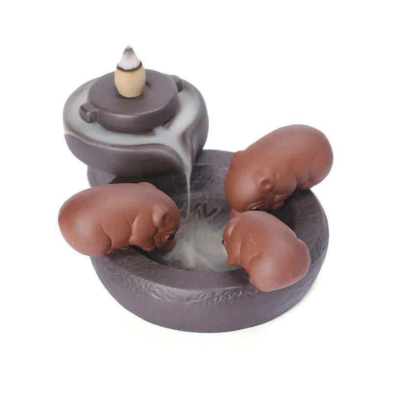 Ceramic Handicraft Lucky Pig Home Ornaments Waterfall Backflow Incense Burner Incense Holder Purple Clay Censer Without Incense-Health Wisdom™