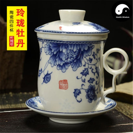 Ceramic Infuser Tea Cups&Mugs 300ml, Blue Scrolling Peony, Red Seal