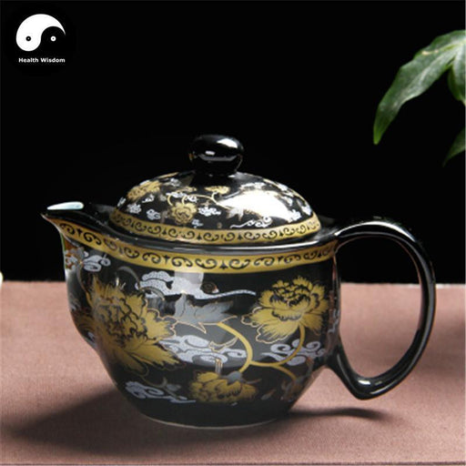 Ceramic Kungfu Teapot 450ml, Black with Gold Peonies