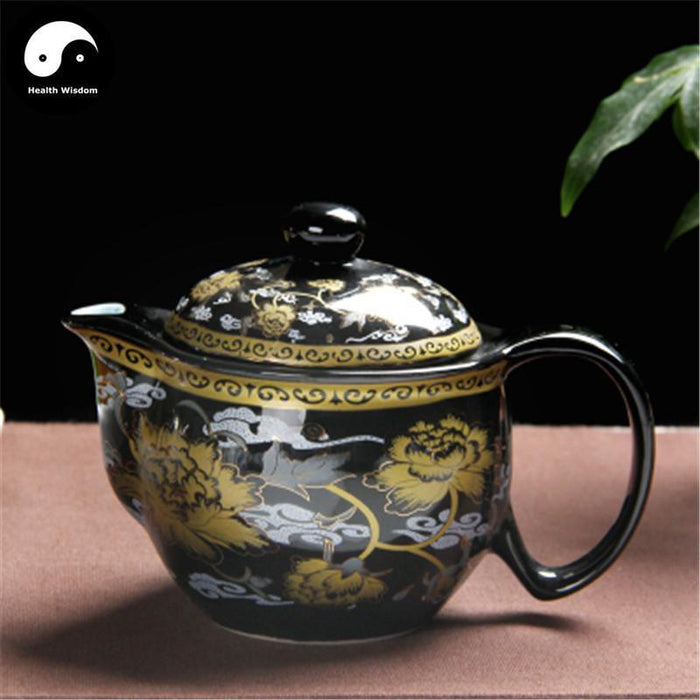 Ceramic Kungfu Teapot 450ml, Black with Gold Peonies