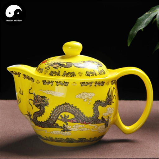 Ceramic Kungfu Teapot 450ml, Bright Yellow with Ink Dragon