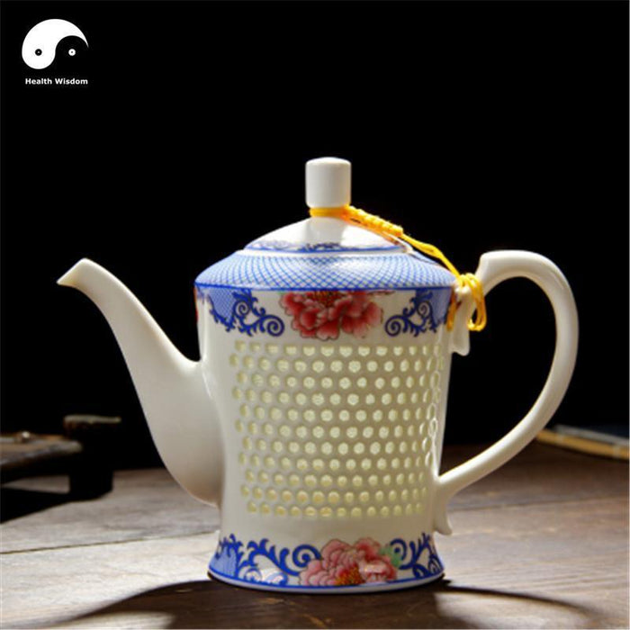 Ceramic Kungfu Teapot 650ml, Pierced Body, Red Peony Panels