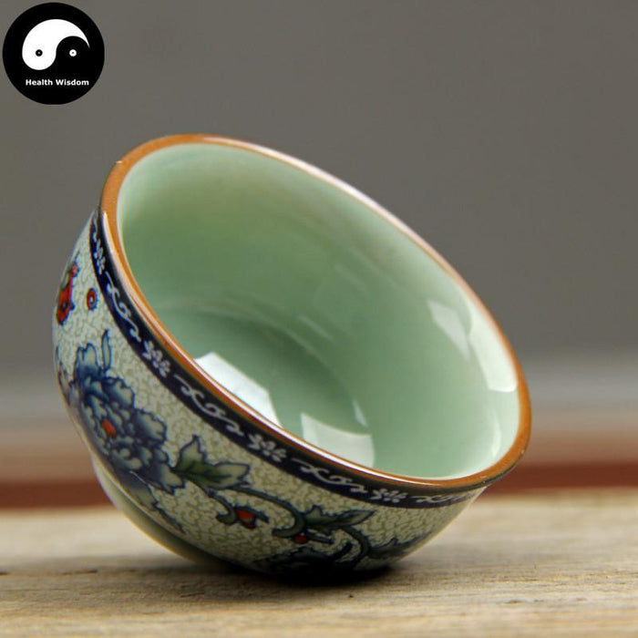 Ceramic Tea Cups 30ml*4pcs, Blue Peony on Crackle Celadon