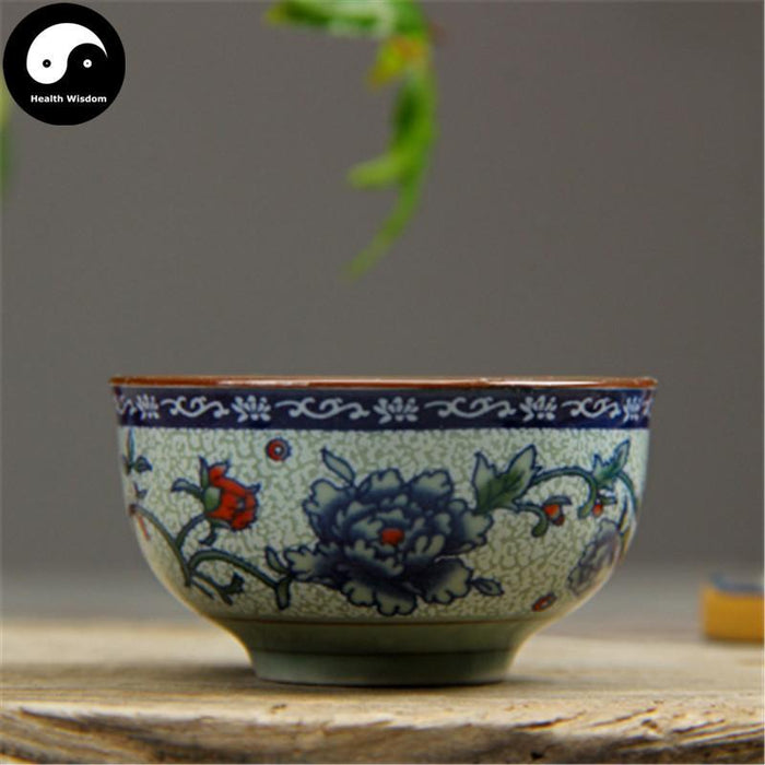 Ceramic Tea Cups 30ml*4pcs, Blue Peony on Crackle Celadon