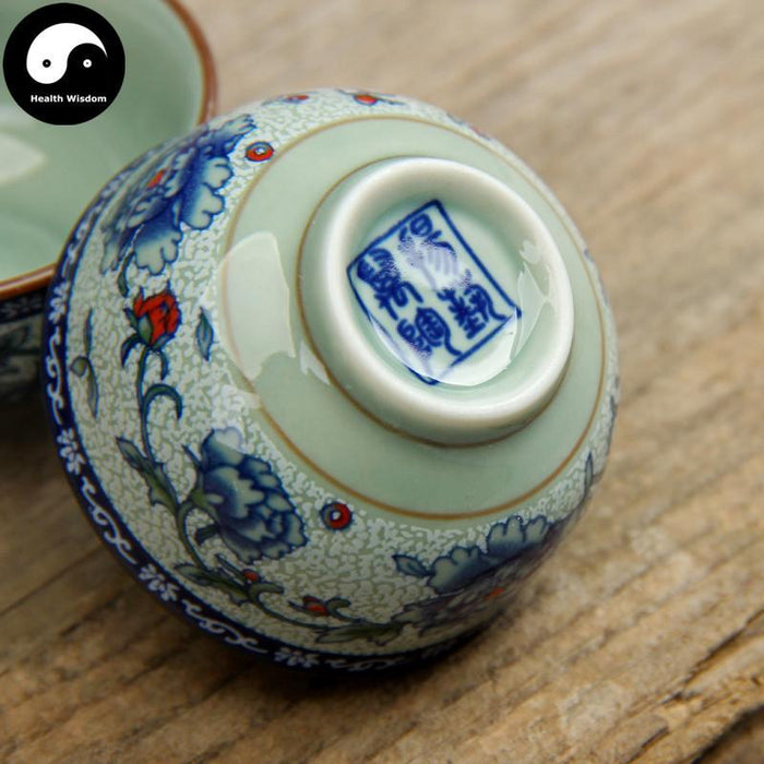 Ceramic Tea Cups 30ml*4pcs, Green Leaf & Dots