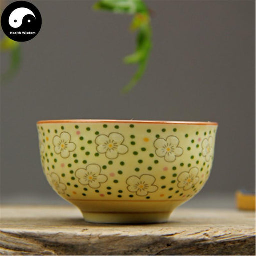 Ceramic Tea Cups 30ml*4pcs, White Plum Blossom on Yellow