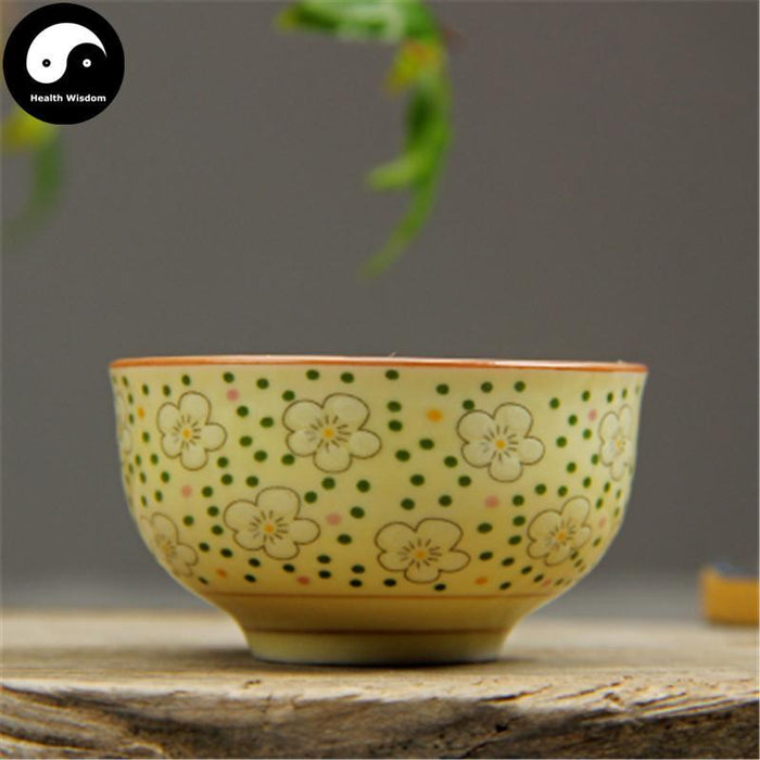 Ceramic Tea Cups 30ml*4pcs, White Plum Blossom on Yellow