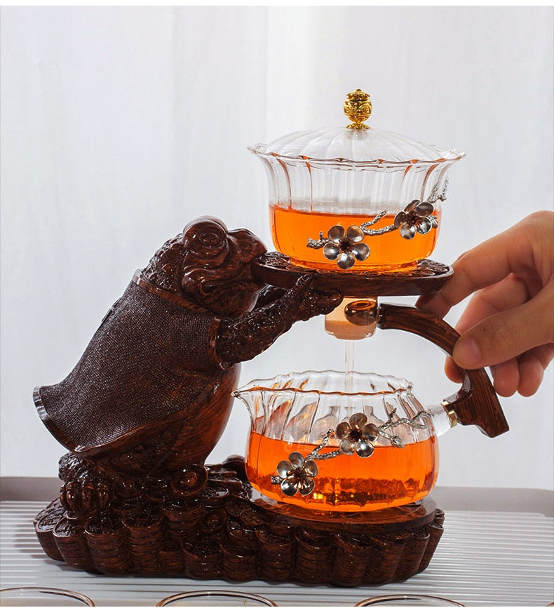Creative Tea Toad Shape Teapot Automatic Tea Maker Pu er Oolong Teapot And Cup Set Heat-resistant Glass Teapot Holder Base-Health Wisdom™