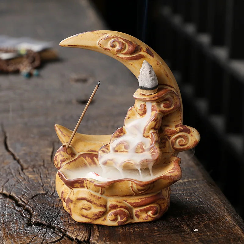 Creative Waterfall Incense Burner The Moon Home Decor Incense Stick Holder Lotus Ceramic Censer Handicrafts Zen Meditation Decor-Health Wisdom™