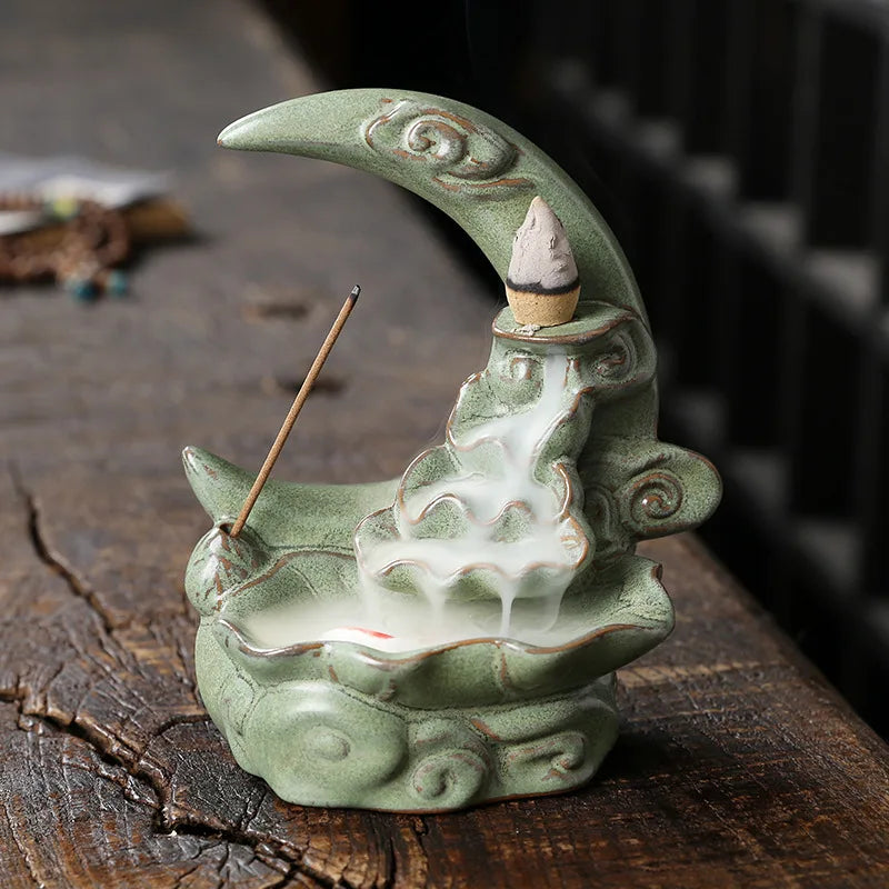 Creative Waterfall Incense Burner The Moon Home Decor Incense Stick Holder Lotus Ceramic Censer Handicrafts Zen Meditation Decor-Health Wisdom™