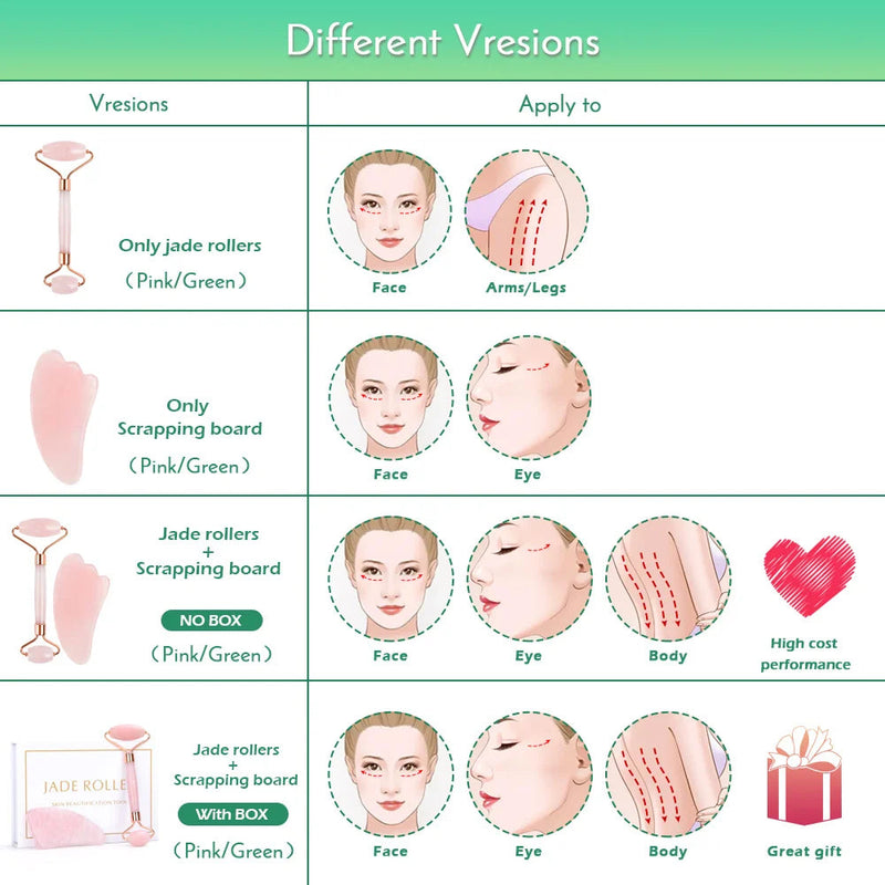 Crystal Roller Set Facial Massage Natural Jade Roller Gua Sha Kit Jade Scraper Rose Quartz Stone Face Lift Massager Beauty Tools-Health Wisdom™